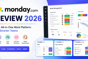 Monday.com Review 2026 showing work management dashboard, CRM, development workflows, service management, and team collaboration platform.